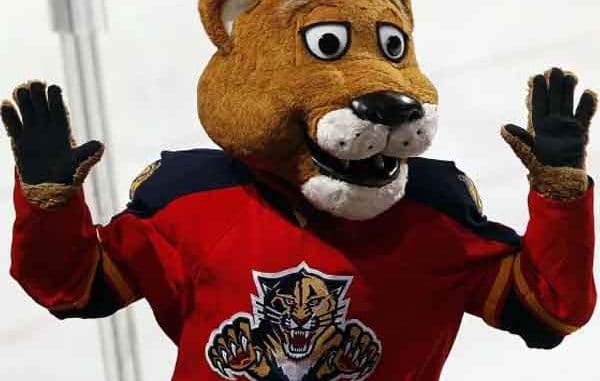 The Florida Panthers mascot with his hands in the air