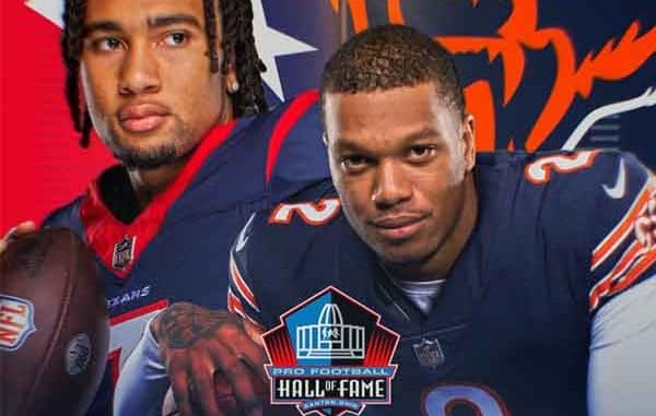 CJ Stroud and Caleb Williams with a NFL Hall of Fame Game logo between them