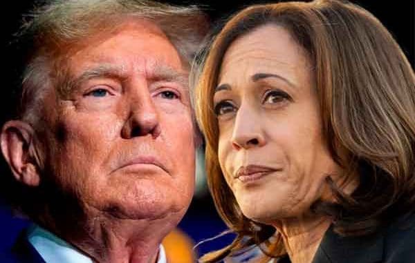 a close up of Donald Trump and Kamala Harris