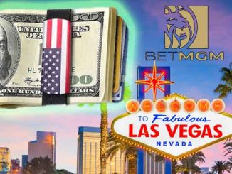 BetMGM logo and an American wallet full of cash over a Las Vegas skyline