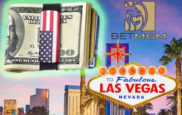 BetMGM logo and an American wallet full of cash over a Las Vegas skyline