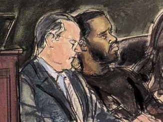 a courtroom sketch of Diddy sitting next to his attorney