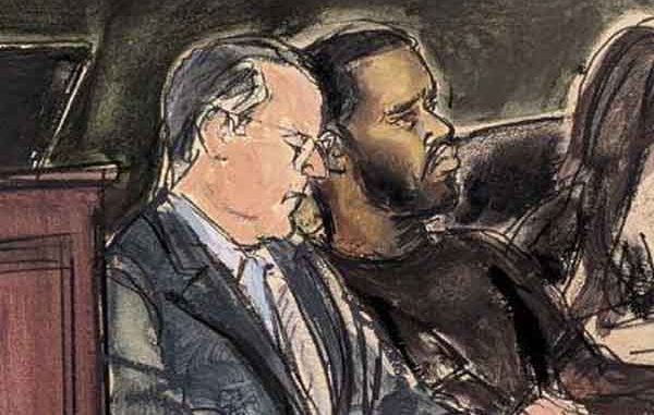 a courtroom sketch of Diddy sitting next to his attorney