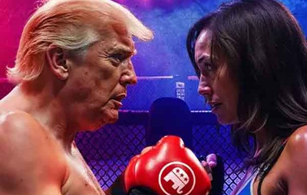 Donald Trump and Kamala Harris facing each other for a boxing match