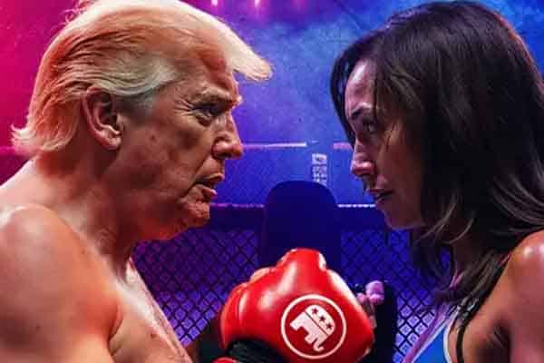 Donald Trump and Kamala Harris facing each other for a boxing match