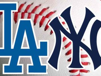 Dodgers Yankees logos and a baseball