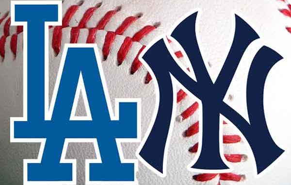 Dodgers Yankees logos and a baseball