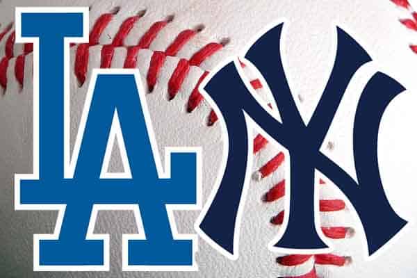 Dodgers Yankees logos and a baseball