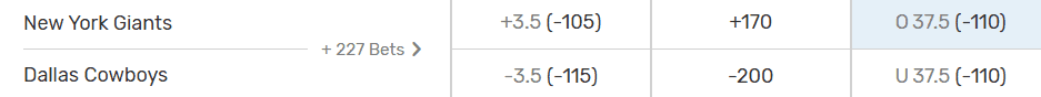 a line for betting the over on the Cowboys and Giants