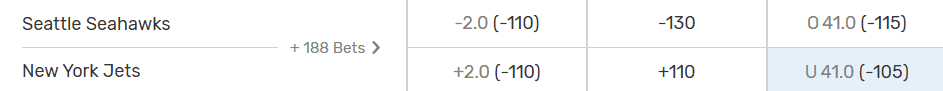 a line for betting the under on the Jets and Seahawks