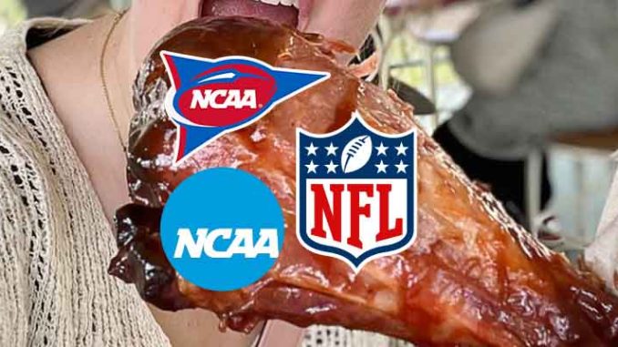 a woman eating a Turkey Leg with NFL, college basketball, and college football logos on it