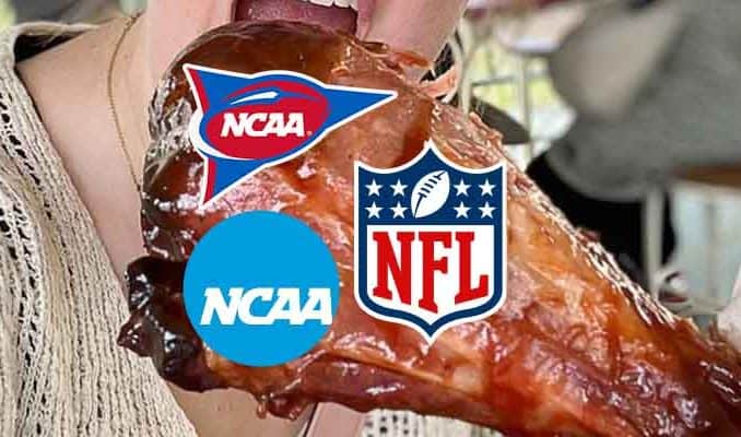 a woman eating a Turkey Leg with NFL, college basketball, and college football logos on it