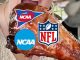 a woman eating a Turkey Leg with NFL, college basketball, and college football logos on it