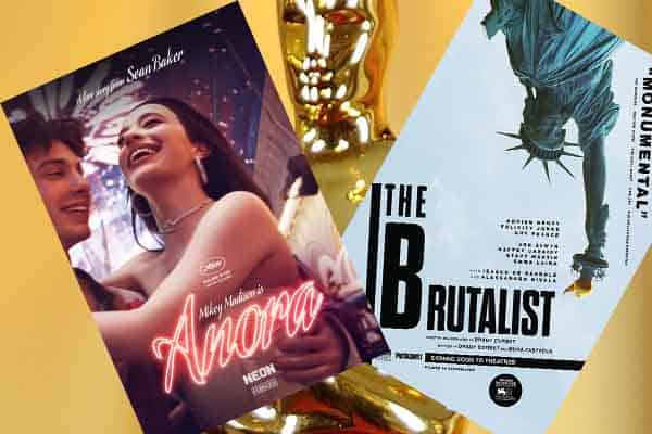 Anora and The Brutalist posters in front of an Academy Award