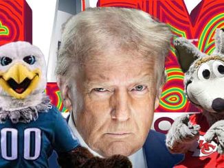 Trump next to mascots for the Chiefs and Eagles in front of a Super Bowl LIX logo