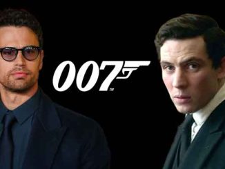 Theo James and Josh O'Connor with a 007 logo