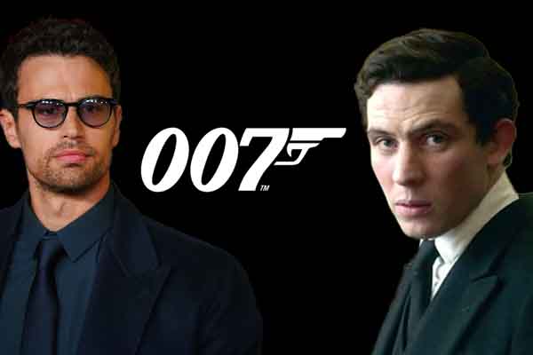 Theo James and Josh O'Connor with a 007 logo